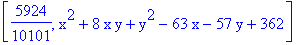 [5924/10101, x^2+8*x*y+y^2-63*x-57*y+362]